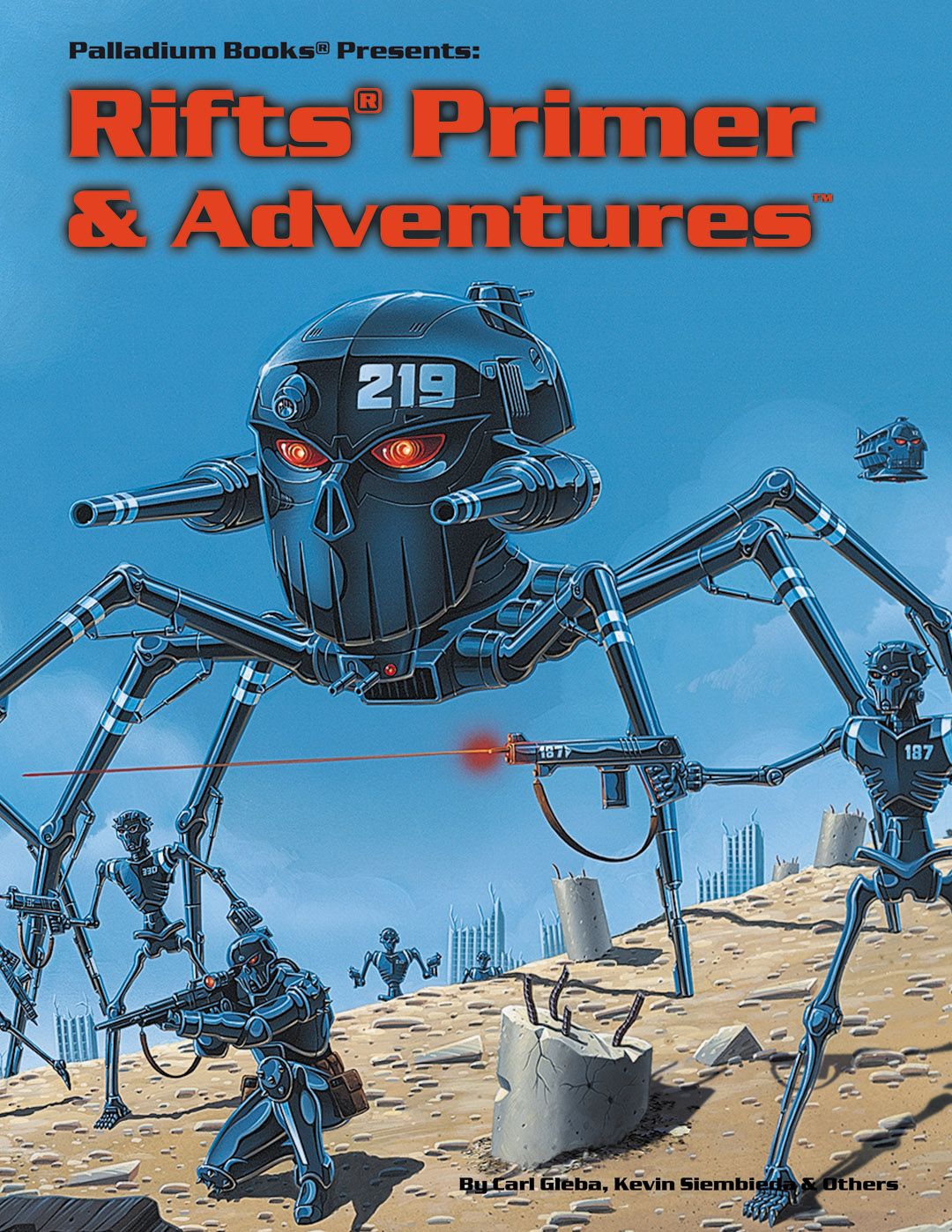 cover of Rifts primar and adventures, it shows a coalition states skull walker, soldiers, and skelebots in a battle