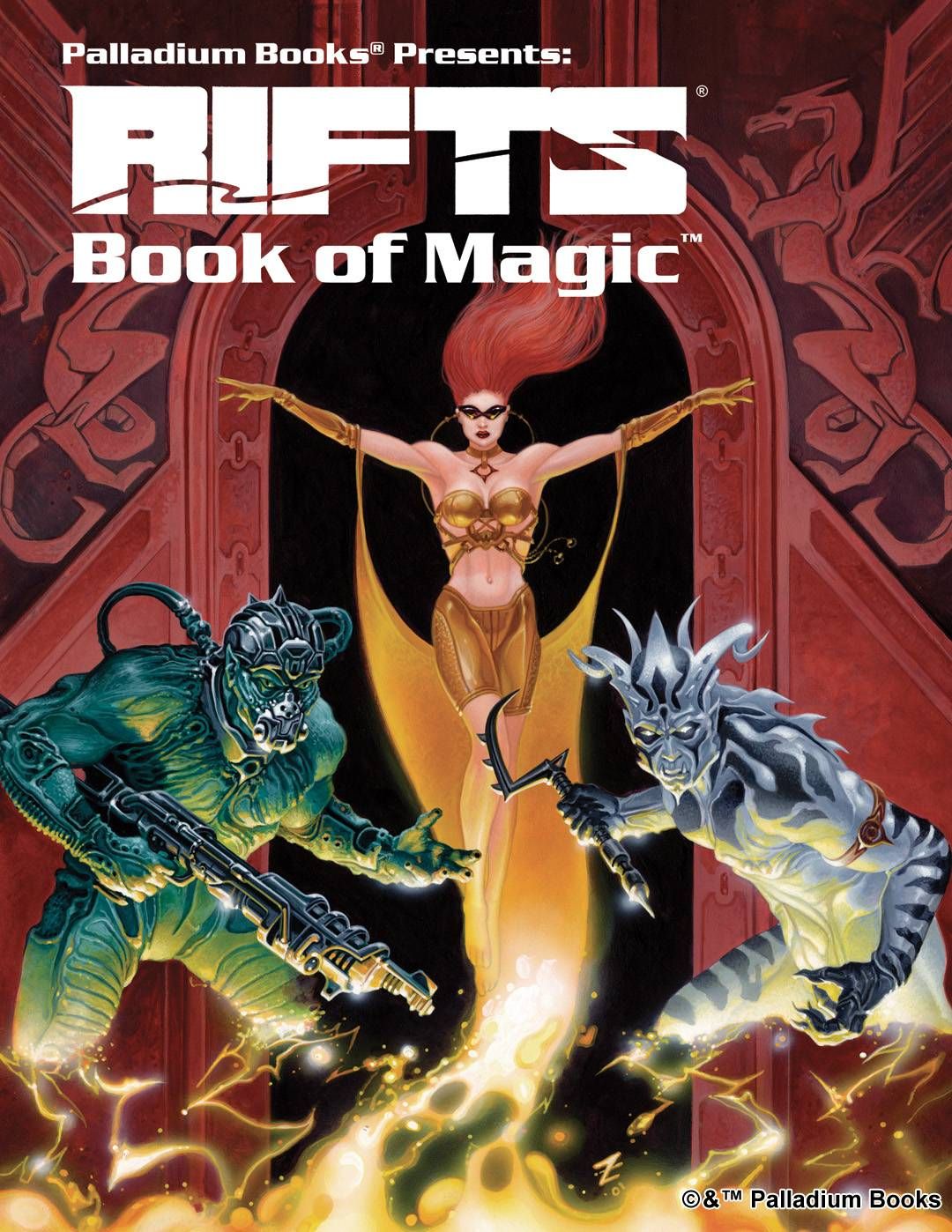 the cover of Rifts Book of Magic shows a woman summoning two demons in front of large red doors