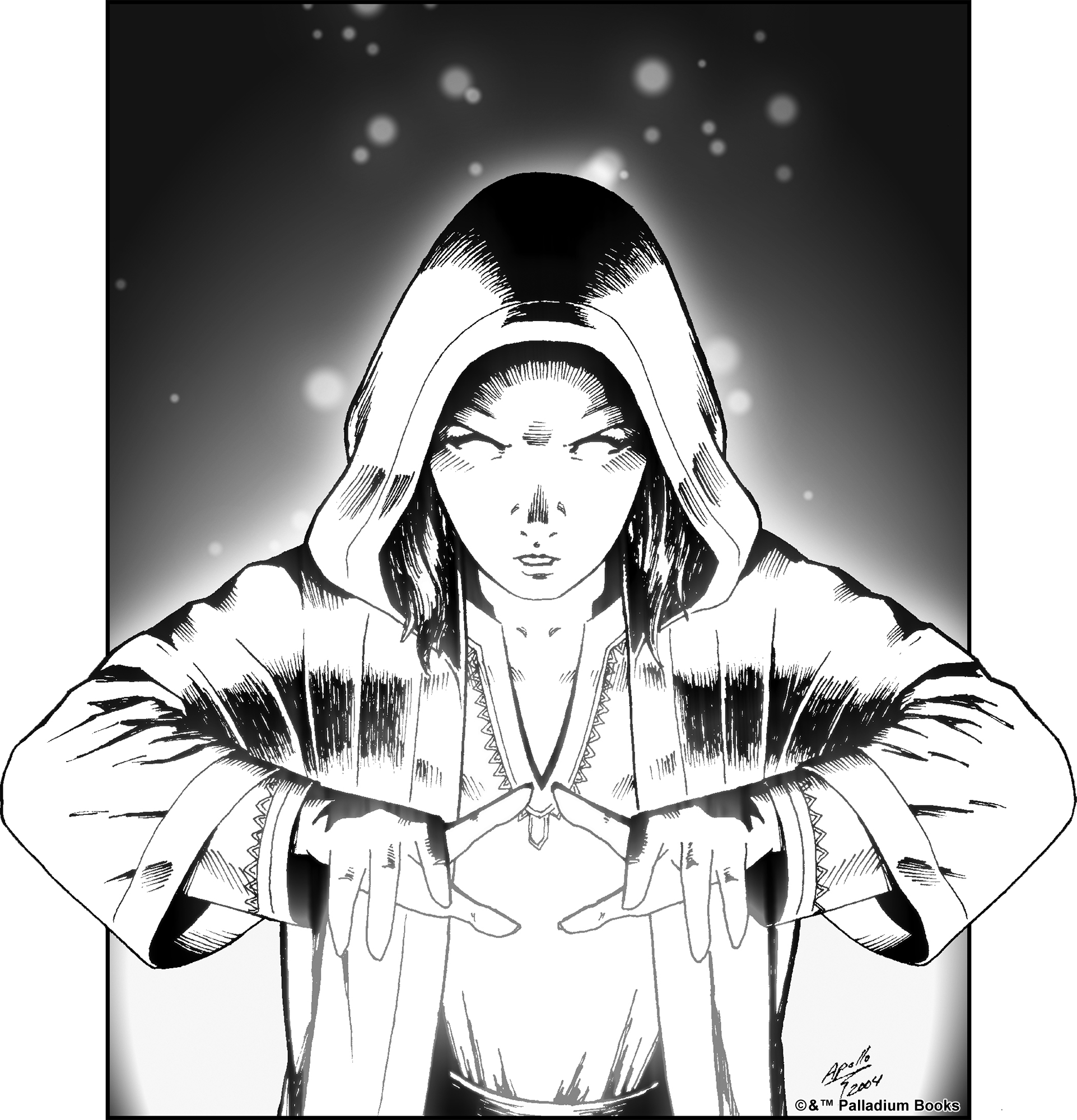 a black and white drawing of a lady wizard in a cloak casting a spell