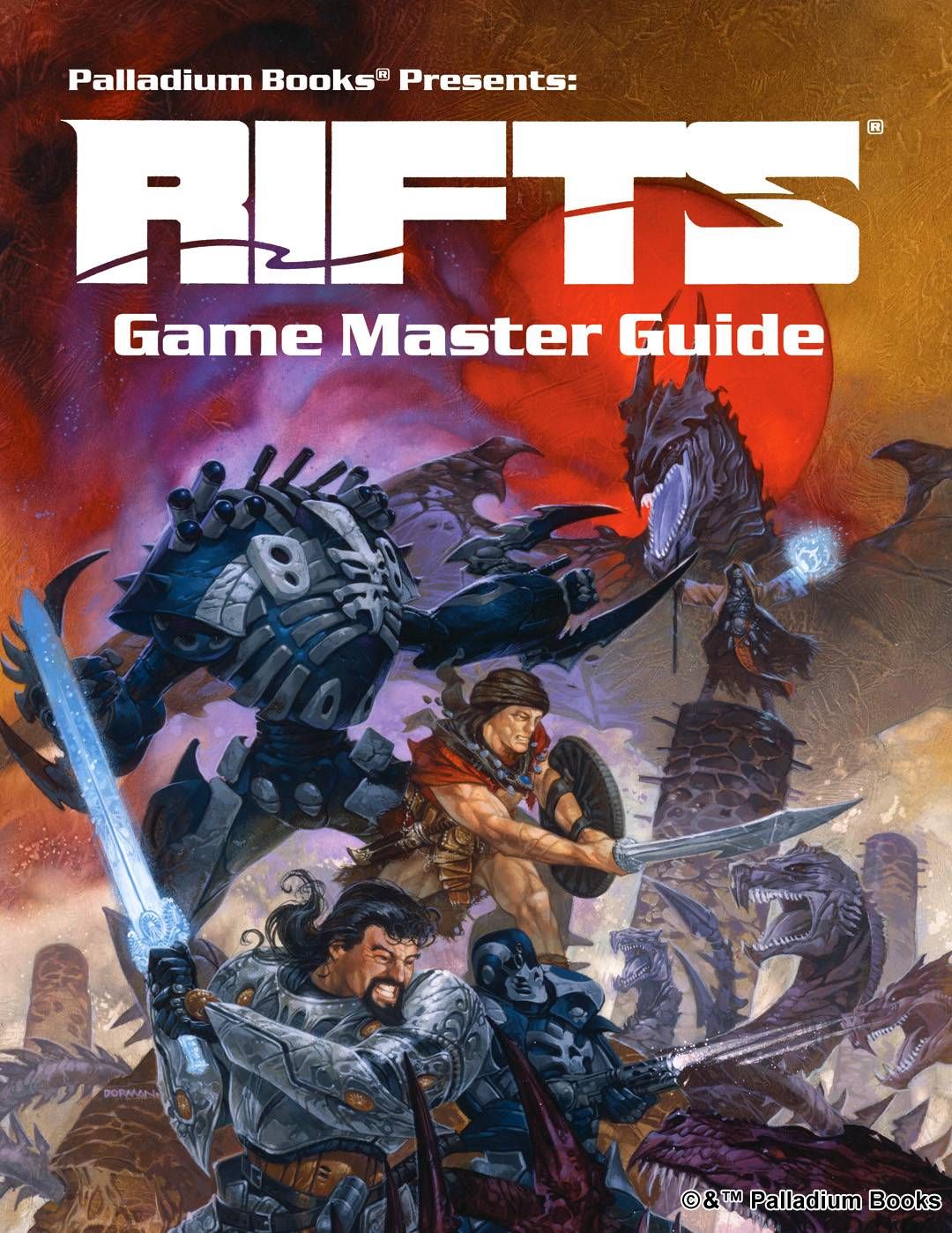 the cover of Rifts Game Master Guide, shows adventurers and coalition troops and a dragon in the middle of a battle