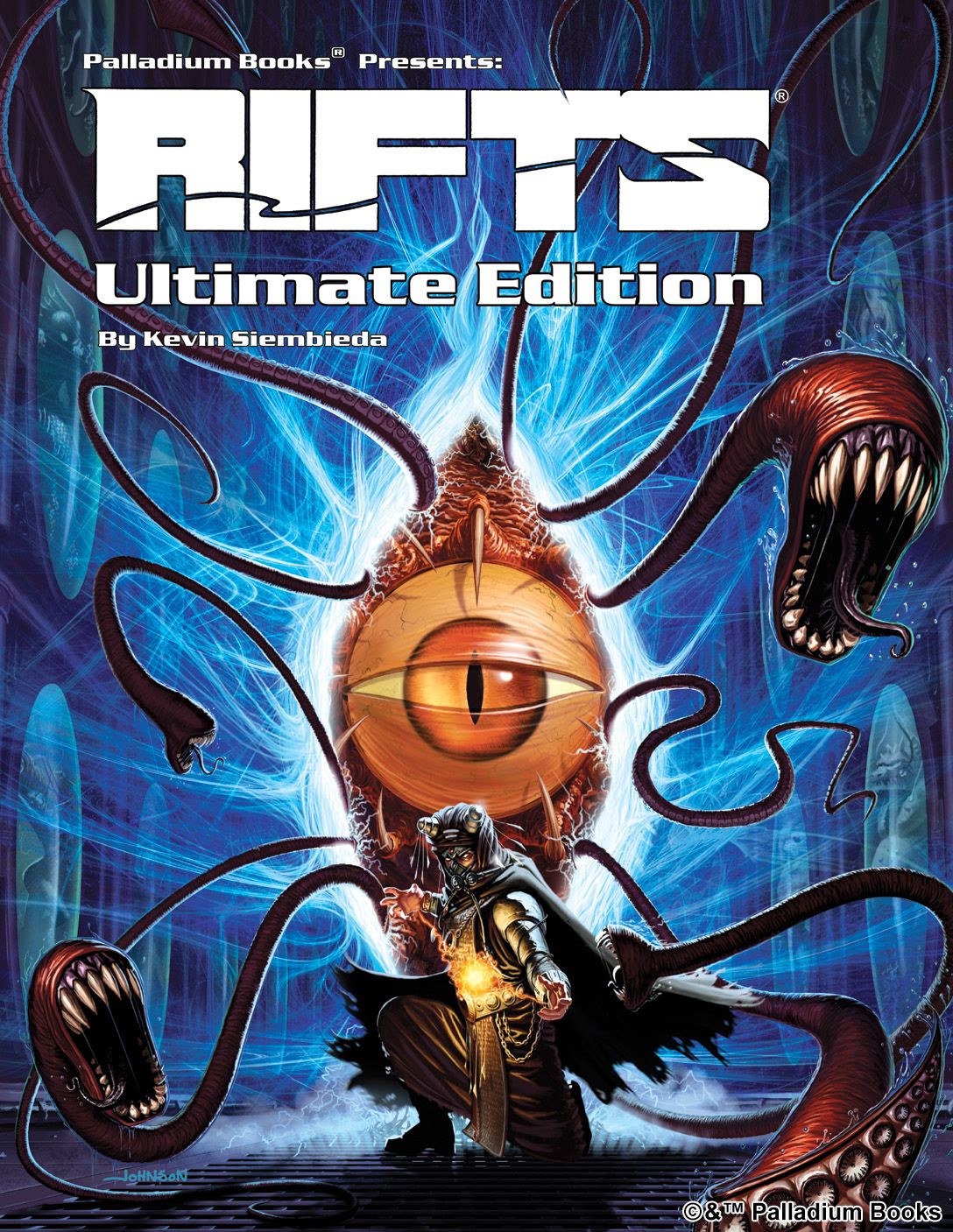 The cover of Rifts Ultimate Edition, shows a ley line walker summoning an alien intelligence through a rift