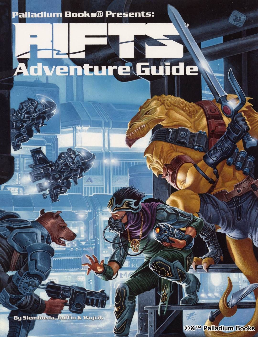 the cover of Rifts Adventure Guide, shows several aliens and dog boys avoiding a coalition patrol on sky cycles