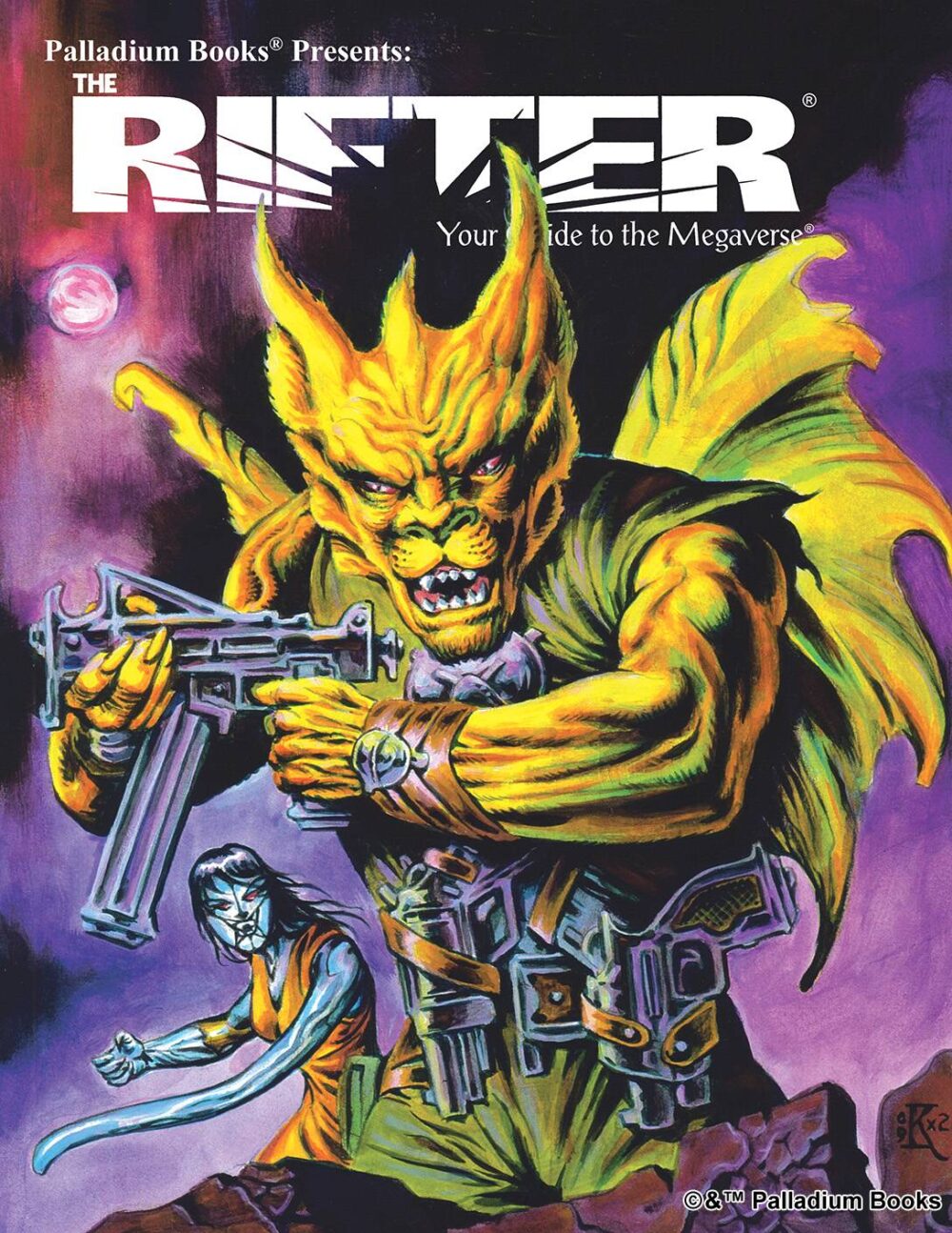 the cover of Rifter 48, shows a yellow humanoid cat alien with bat wings holding a submachine gun, a blue woman is in the background