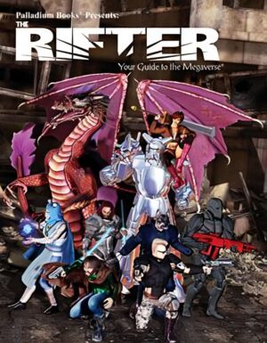 Rifter 69 cover, a 3d render of a dragon, glitter boy, ley line walker borg, and other heroes