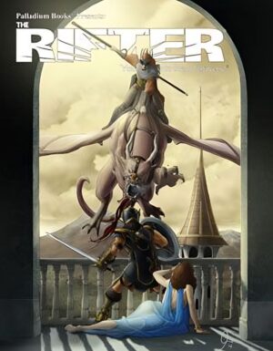 Rifter 73 cover, a man with a sword defending a woman on balcony from a dragon and its rider in the air