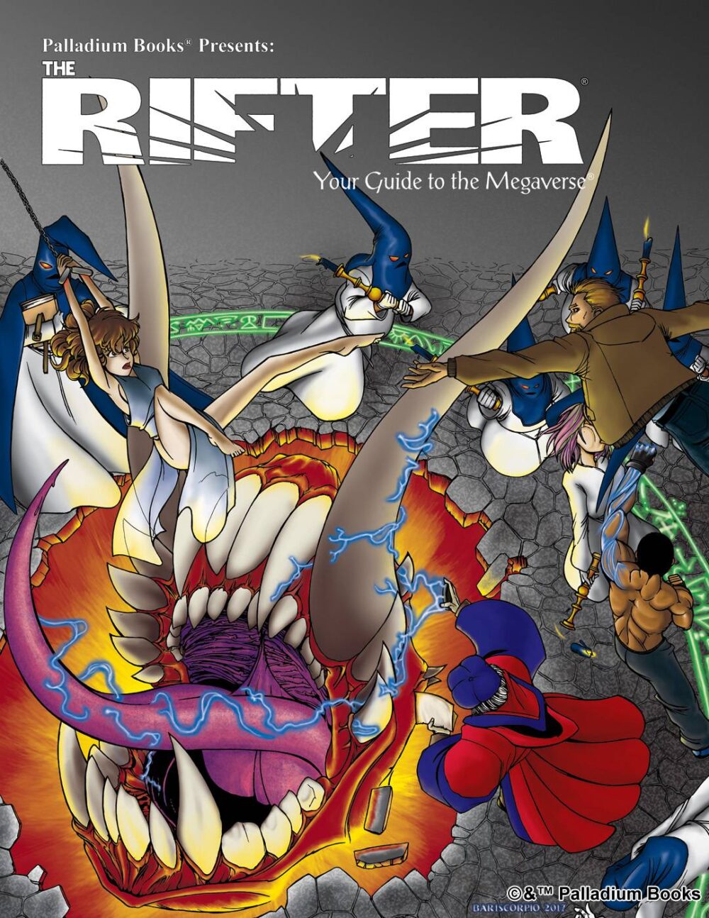 the cover of Rifter 78, shows many wizards summoning a weird beast through a rift