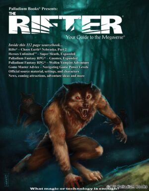 the cover of Rifter 81, shoes a werewolf in the dark woods