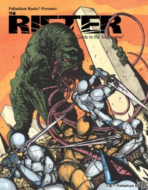 The cover of Rifter 82, shoes robots attacking a green monster with multiple tongues that are whiplike