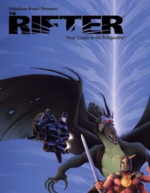 Rifter 83 cover, a coalition sky cycle, dragon and barbarian in front of a rift