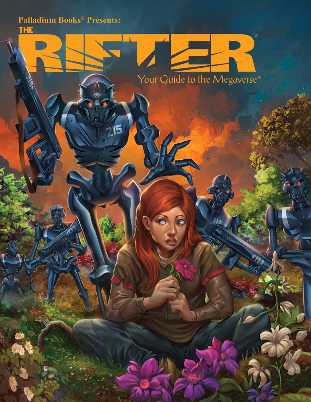 Cover of Rifter 85, a girl with a flower is worried as a coalition states skelebot reaches down to grab her