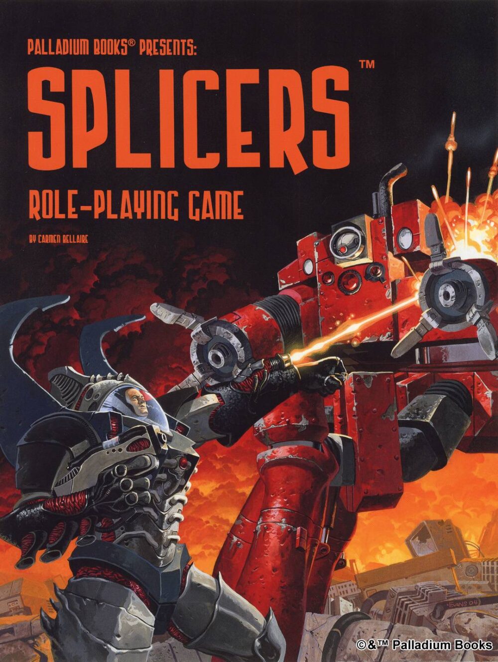 the cover of Splicers RPG, shows a Host armor attacking a robot