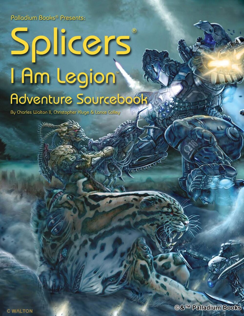 the cover of Splicers I am Legion, shoes a leopard and host armor attacking a mechanized robot