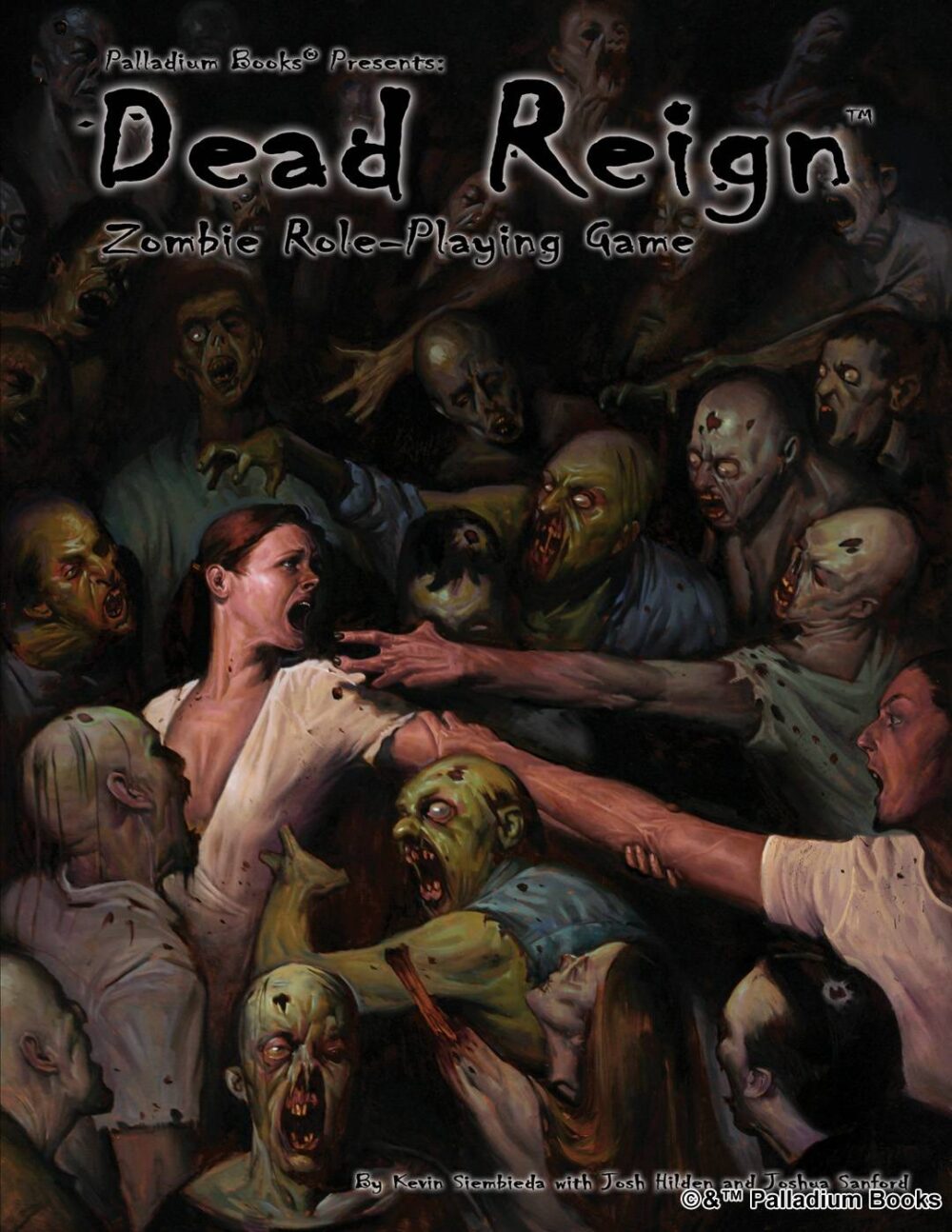 the cover of Dead Reign RPG shows a woman screaming in the midst of a hoard of zombies