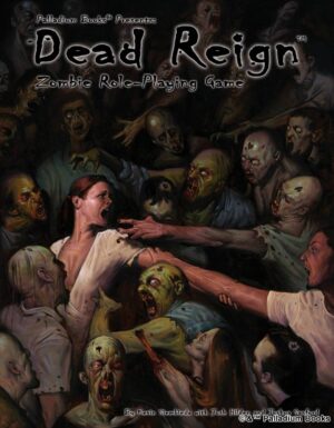 the cover of Dead Reign RPG shows a woman screaming in the midst of a hoard of zombies