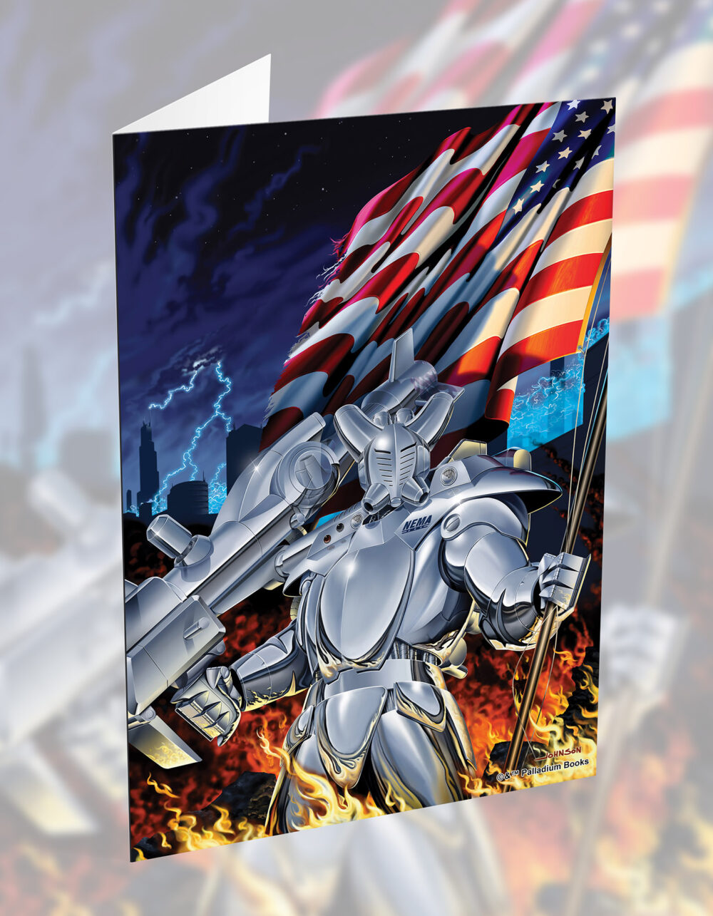 a card that shows the chaos earth glitter boy robot armor holding an american flag while surrounded by fire