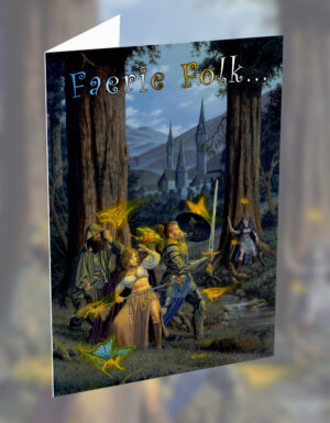 shows a picture of adventurers being surrounded by faeries in a fantasy setting