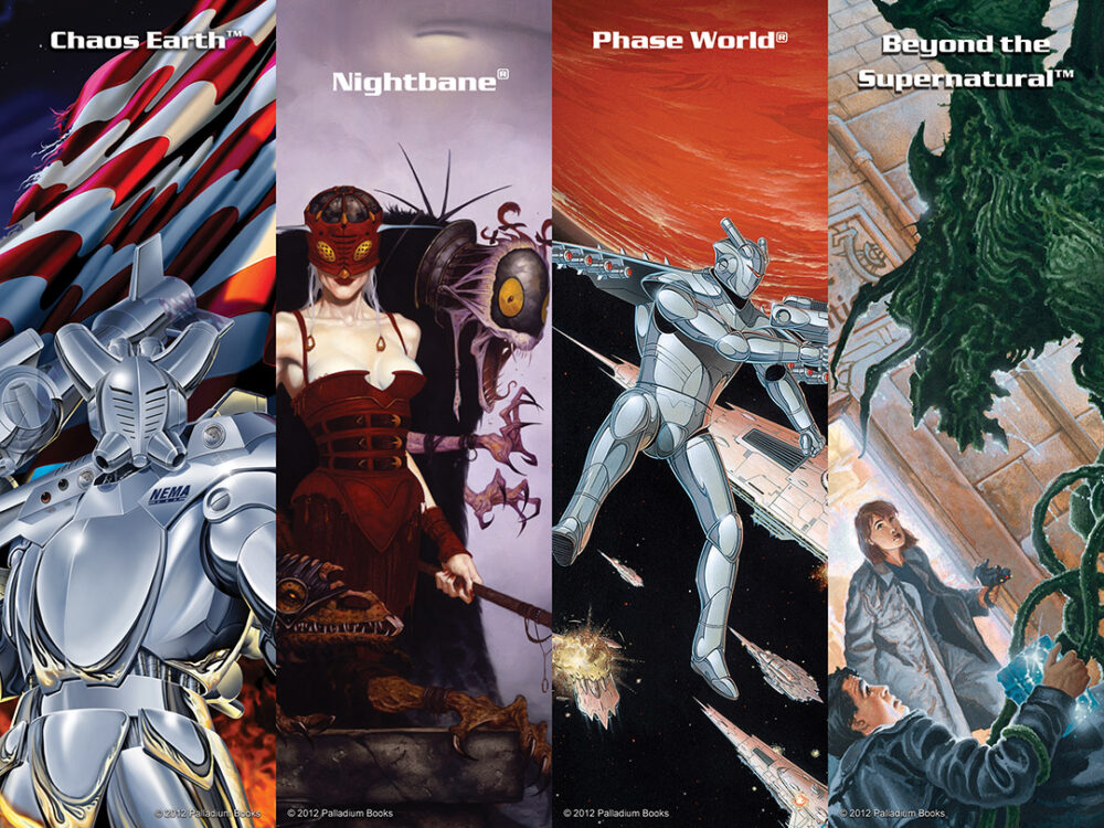 a collection of bookmarks, shows the Chaos Earth Glitter boy, Nighbane book cover, phase world sourcebook cover of a robot in space, and the beyond the supernatural cover