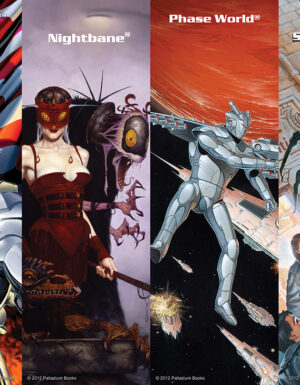 a collection of bookmarks, shows the Chaos Earth Glitter boy, Nighbane book cover, phase world sourcebook cover of a robot in space, and the beyond the supernatural cover