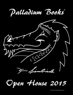 A black shirt with "Palladium Books open house 2015" written in white on it and a picture of Kevin Siembieda's hand drawn dragon head on it