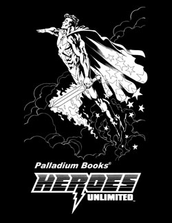 A black shirt with Palladium Books Heroes Unlimited written in white on it and a picture of a super hero flying with a cape and sword