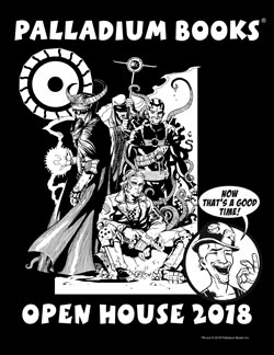 A black shirt with "Palladium Books open house 2018" written in white on it and a picture of the team from machinations of doom on it