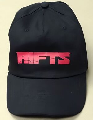 a black hat with the rifts logo printed in red on it