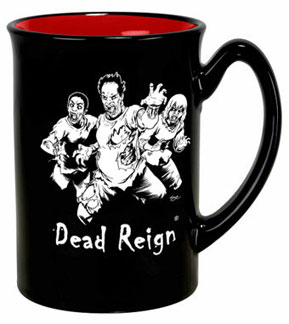 a black mug with white dead reign zombies on the outside, the interior of the mug is red