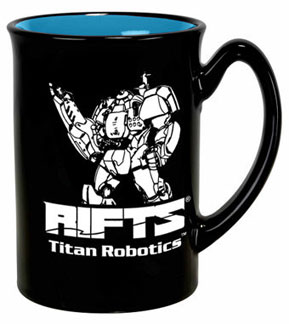 a black mug with a titan robotics rifts robot on the outside in white, the interior of the mug is cyan blue