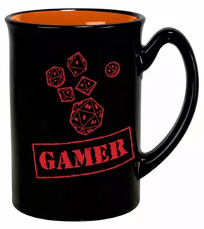 a black mug with red dice and text that says Gamer on the outside, the interior of the mug is brick orange or red