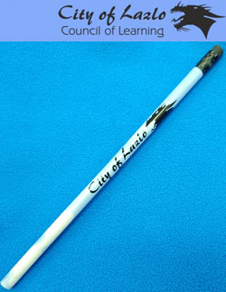 a green pencil with the text "City of Lazlo council of learning" printed on the side