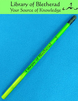 a green pencil with the text "Library Bletherad, your source of knowledge" printed on the side