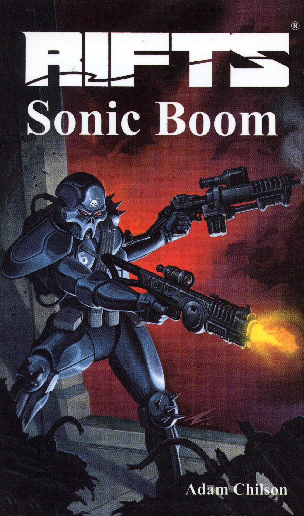 Sonic boom book cover, a coalition soldier with two guns firing at things unseen