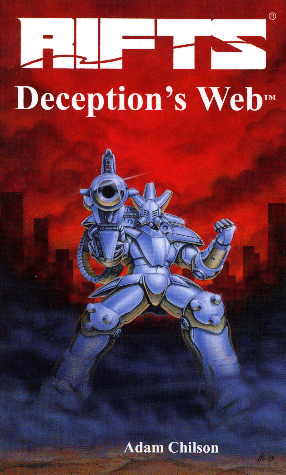 Deceptions Web book cover, a picture of a glitter boy pointing its boom gun right at you