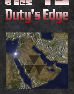 Rifts Duty's Edge book cover, a map of the arabian peninsula with a radioactive symbol over it