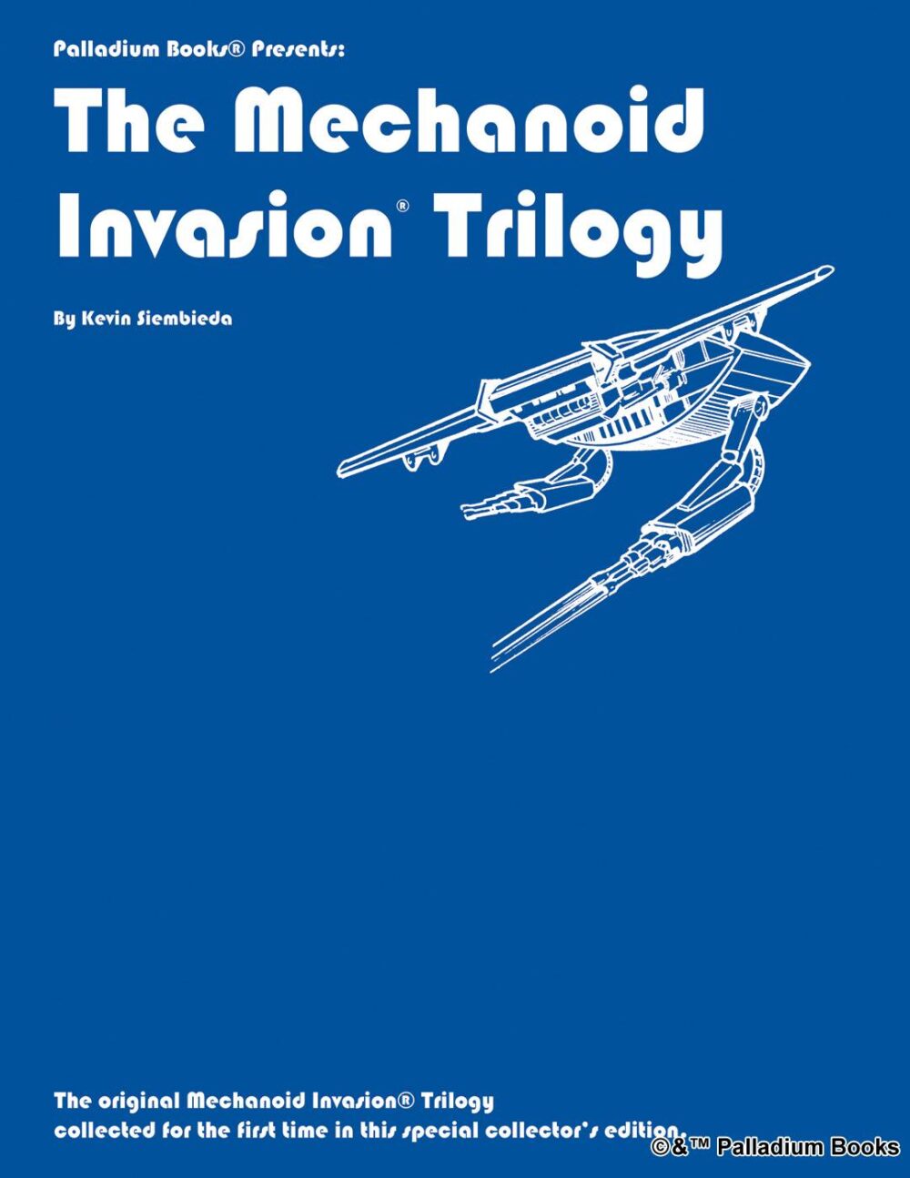 the cover of the Mechanoid Invasion Trilogy, shoes a blue background with the white outline of a mechanoid flier