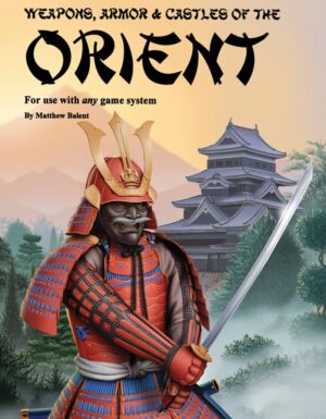 the cover of Weapons and Castles of the Orient, shows a samurai standing outside a Japanese castle