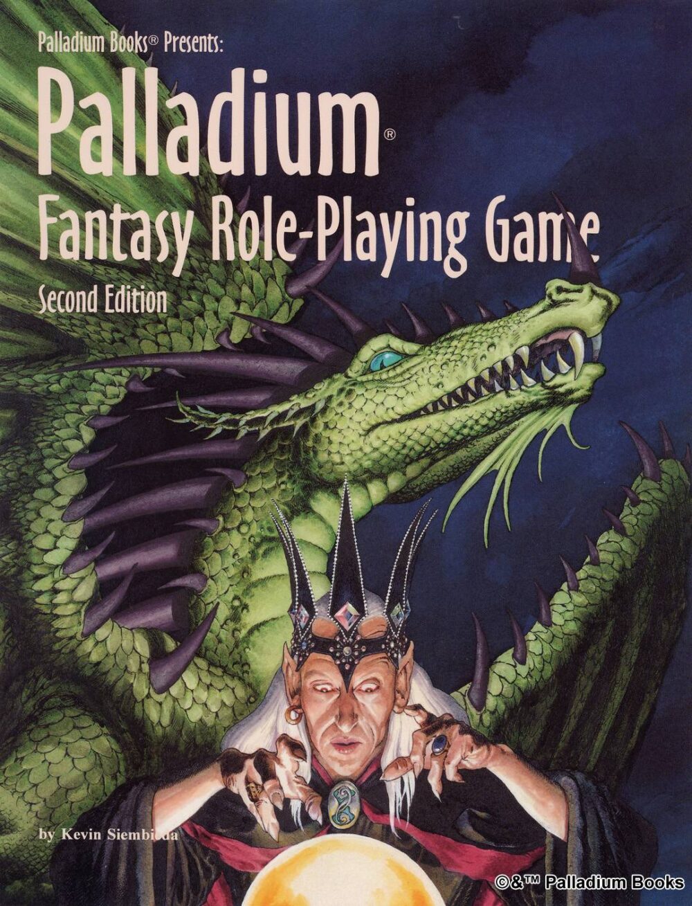 the cover of Palladium Fantasy RPG, shows a sorcerer scrying a crystal ball while a green dragon overlooks behind him