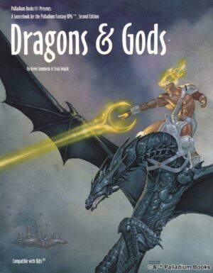 the cover of Palladium Fantasy's Dragons and Gods, shows a god with yellow hair blasting a yellow energy beam while riding a black dragon in a storm