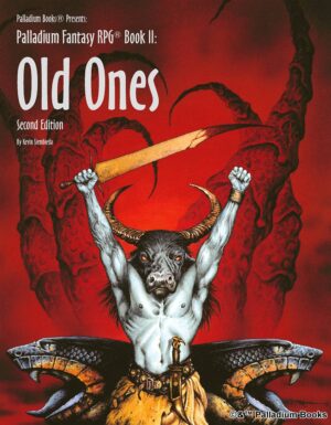 the cover of Palladium Fantasy's Old Ones, shows a minotaur with a sword with two huge snake heads behind him, in the red background are tentacle claws