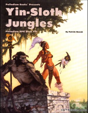 the cover of Palladium Fantasy's Yin Sloth Jungles: shows a woman and a silver-backed gorilla overlooking the jungle