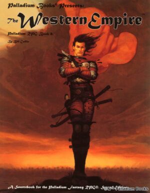 the cover of Palladium Fantasy's Western Empire, shows a man standing in front of a sunset, his cape whipped up by the wind and two swords belted behind his waist