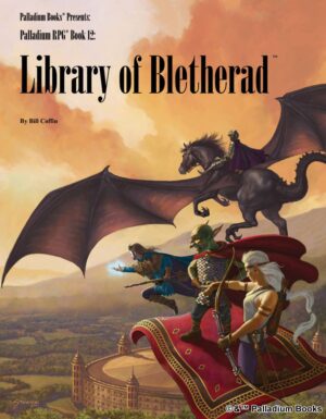 the cover of Palladium Fantasy's Library of Bletherad, shoes an adventuring party flying on magic carpet and bat-winged Pegasus into the sunset