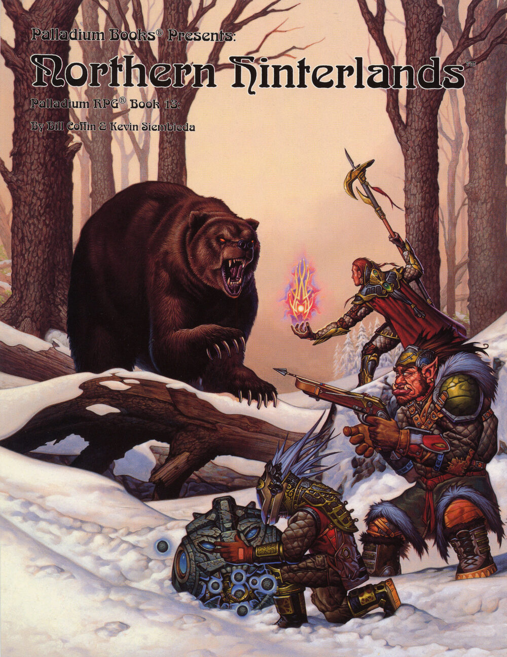 cover of the Palladium Fantasy Northern Hinterlands book, features an adventuring party attacking a grizzly bear