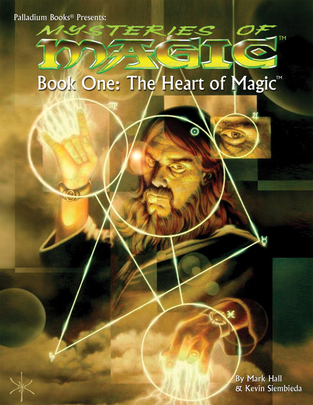 cover of Palladium Fantasy RPG's Heart of Magic, shows a male mage casting a technical magic spell