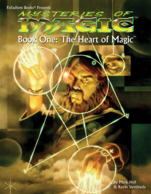 cover of Palladium Fantasy RPG's Heart of Magic, shows a male mage casting a technical magic spell