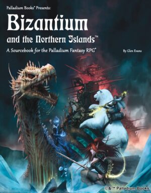 the cover for Palladium Fantasy's Bizantium, shoes a mage on a polar bear beside an elfin woman with a sword attacking an evil mage on a dragon ship