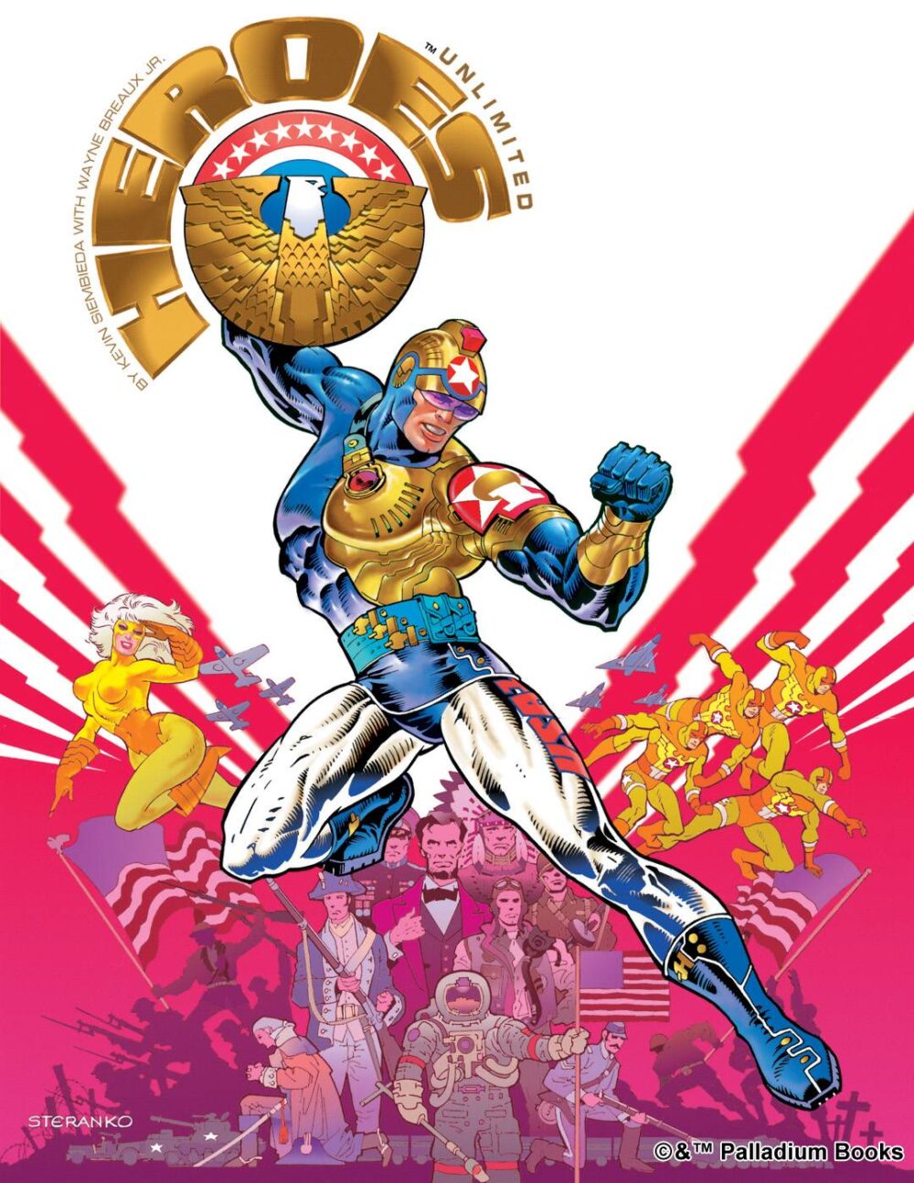 the cover for Heroes Unlimited RPG, shows a collection of historical superhero figures from american history, in front of them a modern day super hero leaps in a pose with his shield in the air