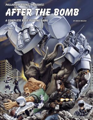 the cover for After the Bomb RPG, shows mutant animals being attacked and defending themselves from the Empire of Humanity