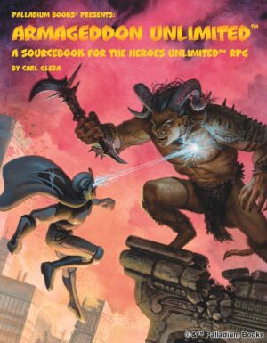 the cover for Heroes Unlimited Armageddon Unlimited, shows a super hero blasting a demon with his eye beams