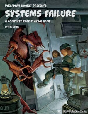 the cover of Systems Failure RPG, shows a kid with a sub machine gun holding his baby sister as a big alien that looks like a human-size ant tries to break through the door